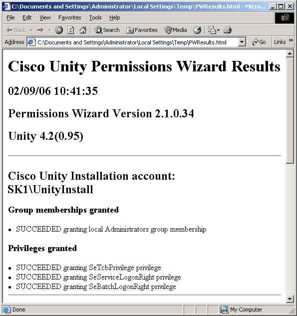 Cisco Unity Permissions Wizard Results