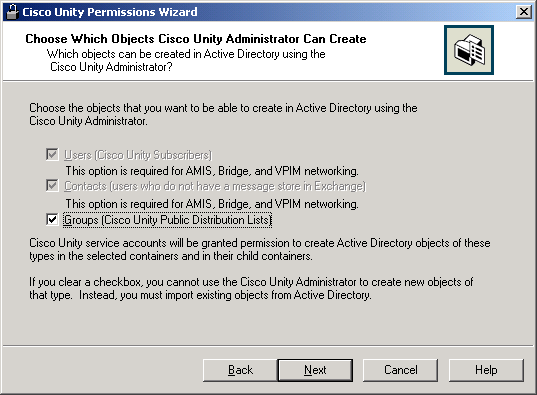 Choose Which Objects Cisco Unity Administrator Can Create page when you checked the Set Permissions Required by AMIS, Cisco Unity Bridge, and VPIM check box