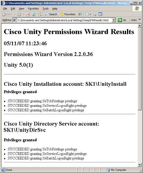 Cisco Unity Permissions Wizard Results