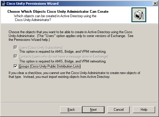 Choose Which Objects Cisco Unity Administrator Can Create page when you checked the Set Permissions Required by AMIS, Cisco Unity Bridge, and VPIM check box