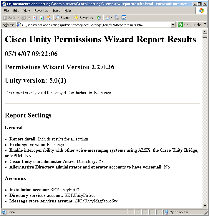 Cisco Unity Permissions Wizard Report Results